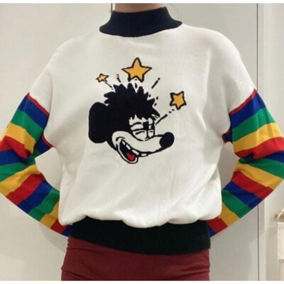 Mickey Mouse Disney Forever 21 Sweatshirt Rainbow Sleeve Graphic Crew Limited Ed - Picture 9 of 9
